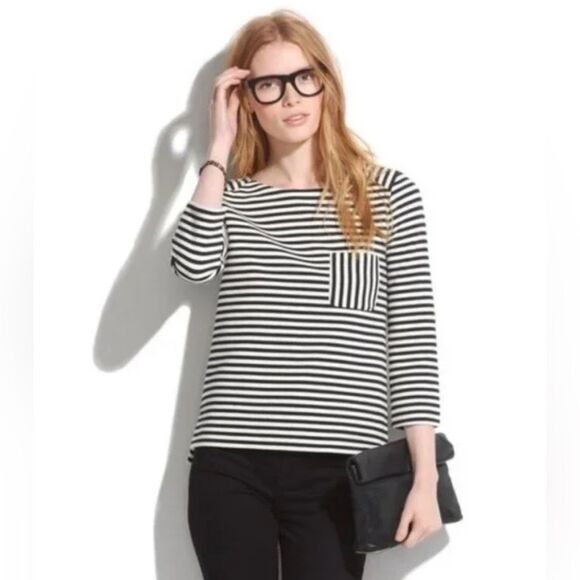 Madewell Tops - Madewell Black and White Striped Front Pocket Knit Top/Blouse Size M